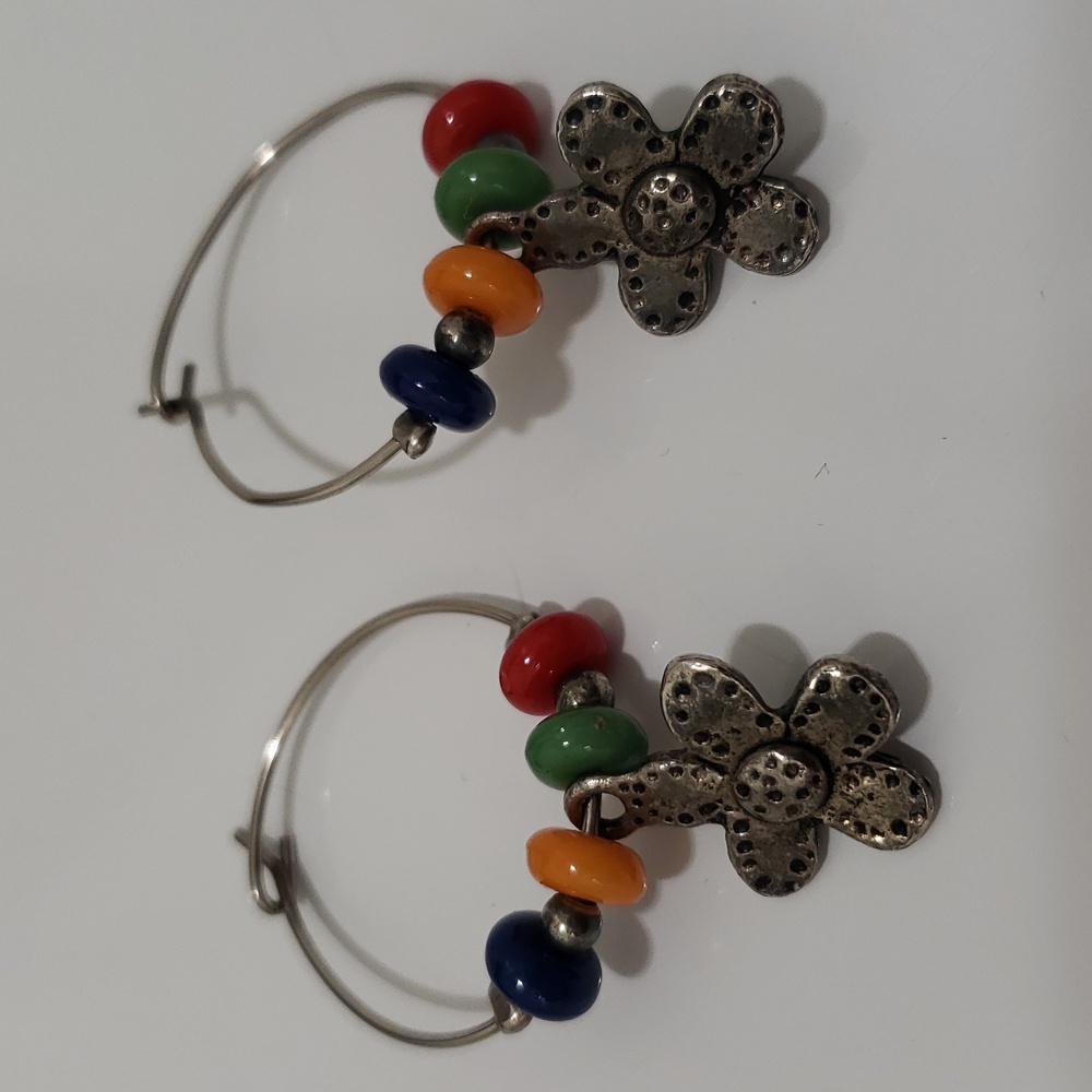 Silver Floral Hoop Earrings with Multicolor Beads